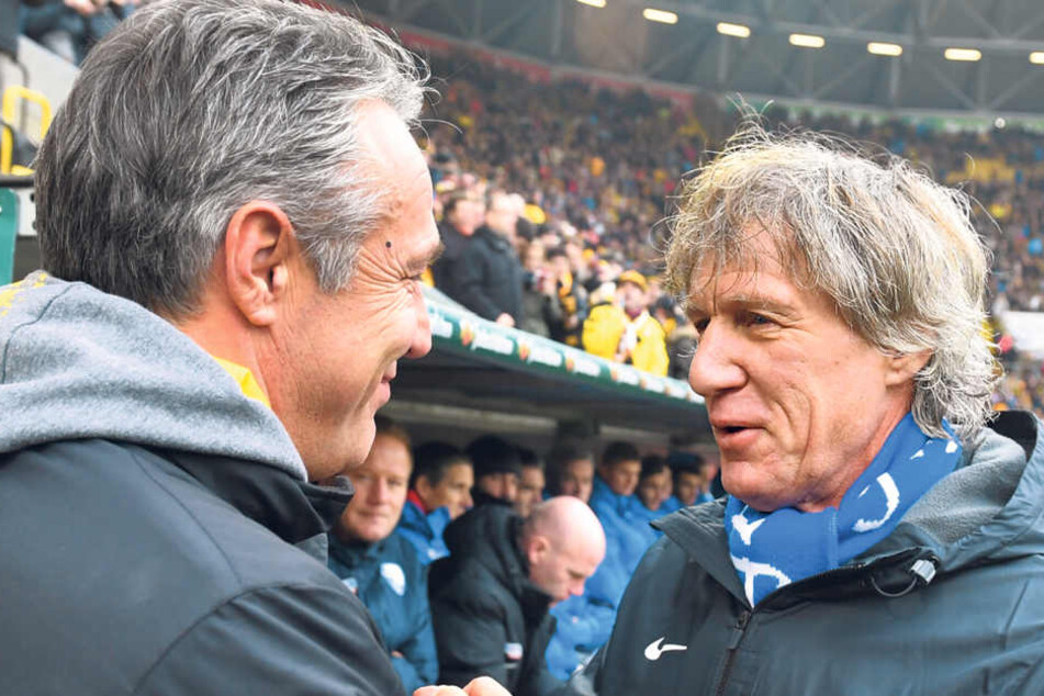 Vor der Partie begrüßten sich die Trainer Gertjan Verbeek (r.) und Uwe
Neuhaus - danach schimpften sie über den Dynamo-Acker.