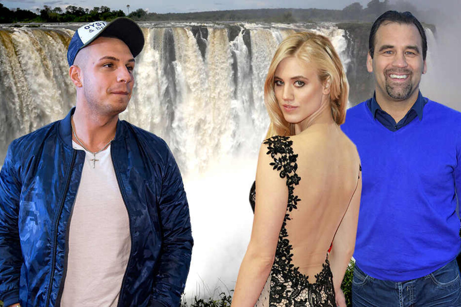 Sänger Pietro Lombardi (24, li.), das Dschungelcamp-erprobte Model Larissa Marolt (24) und "Der Schwatte" (51).