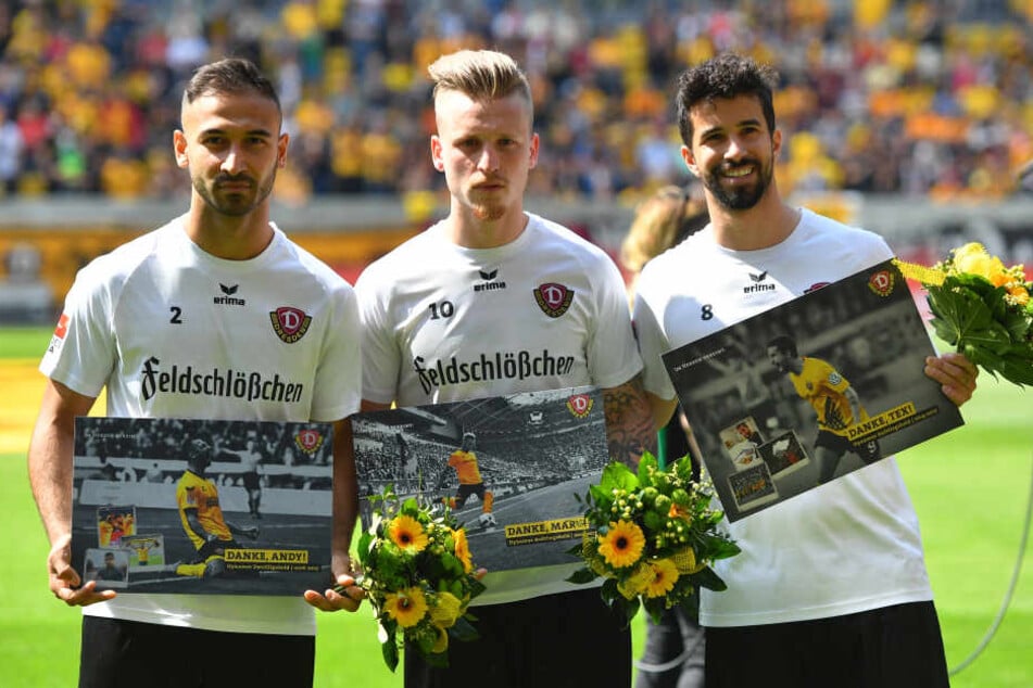 Wurden vor dem Spiel verabschiedet: Akaki Gogia, Marvin Stefaniak und Nils Teixeira (v.l.)