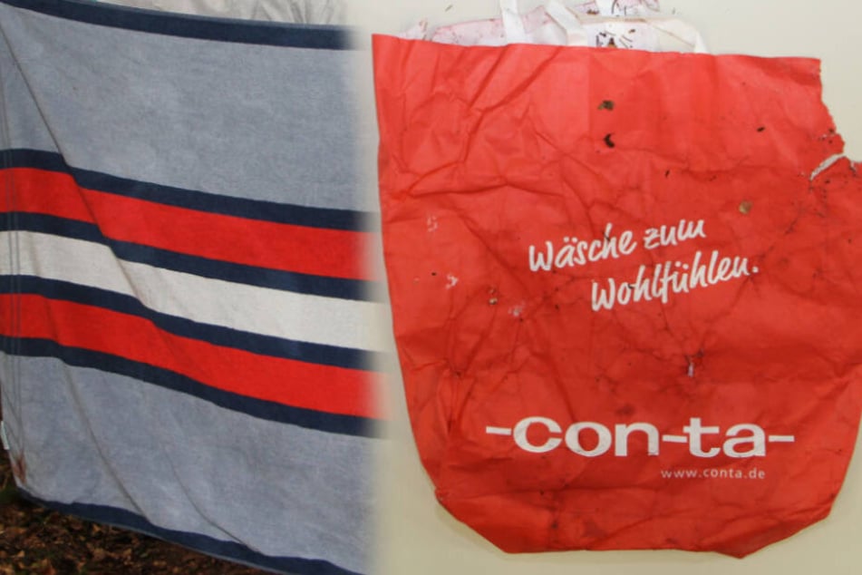 In diesem Handtuch und in dieser Plastiktüte war Joris in einem Waldstück gefunden worden.