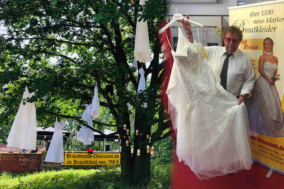 Brautmodenhändler Rainer Capitain (57) ärgert sich maßlos über den Kleiderklau. Zum Stauseefest hingen noch alle 14 Kleider im Baum.