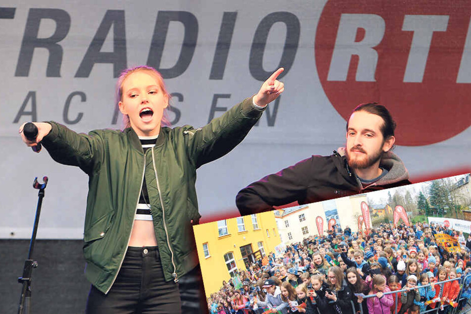 Rund 500 begeisterte Thalheimer Schüler drängten sich in der
Hofpause vor der Bühne. Viele hatten sogar Plakate gebastelt. Lina Larissa
Strahl (19) ließ
ihre textsicheren
Fans mitsingen
und hielt beim
Schulhofkonzert
das Mikrofon
zum Publikum