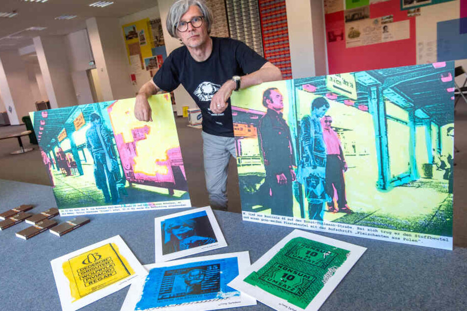 Joerg Waehner (56) aus Berlin zeigt im neuen "Open Space" in der Brückenstraße seine Ausstellung "I was born in Karl-Marx-Stadt".