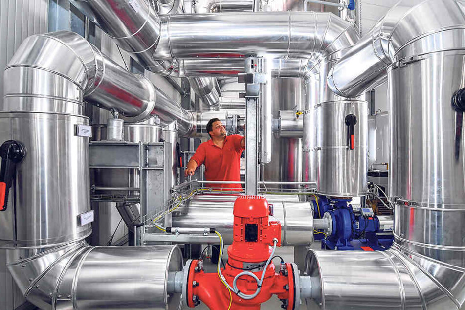 Das Herz der thermischen Solaranlage in Senftenberg. Servicetechniker Jörg Welfert prüft das Rohrgeflecht.