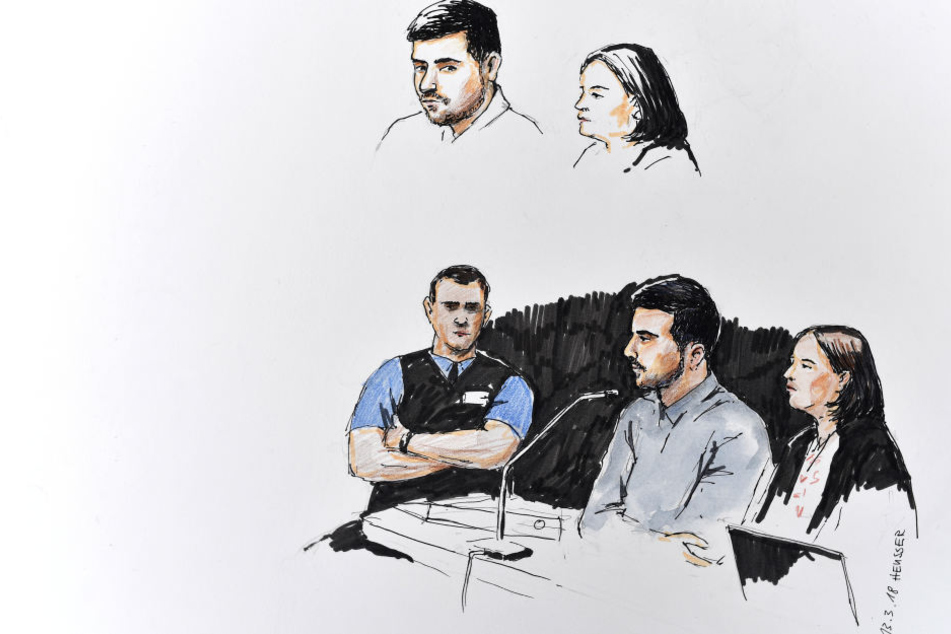 Die Gerichtszeichnung aus dem Prozess zeigt den Angeklagten Thomas N. (M) und seine Pflichtverteidigerin Renate Senn.