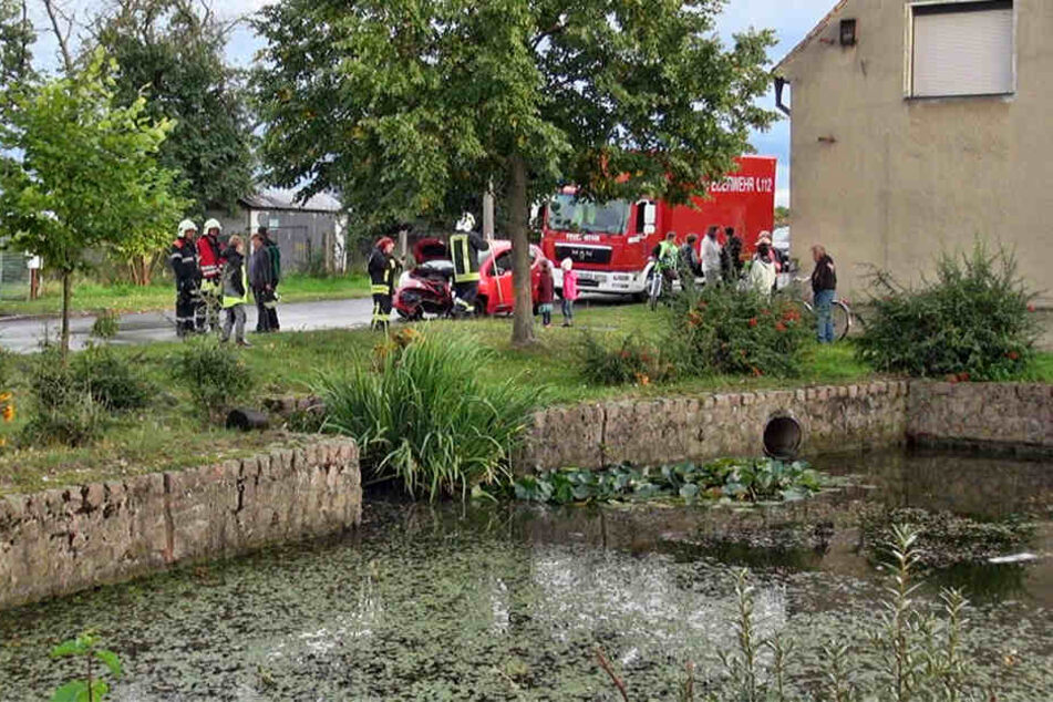 Zuerst befreite die Feuerwehr die eingeklemmte Frau aus ihrem Auto. Sann zogen die Kameraden den demolierten Wagen aus dem Teich.