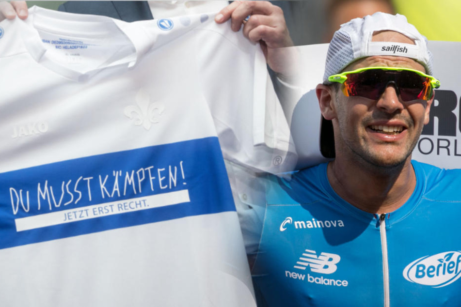 Das Trikot (l.) trug jemand beim Lauf von Patrick Lange (r.) und feuerte ihn mit dem Slogan an. (Symbolbild)