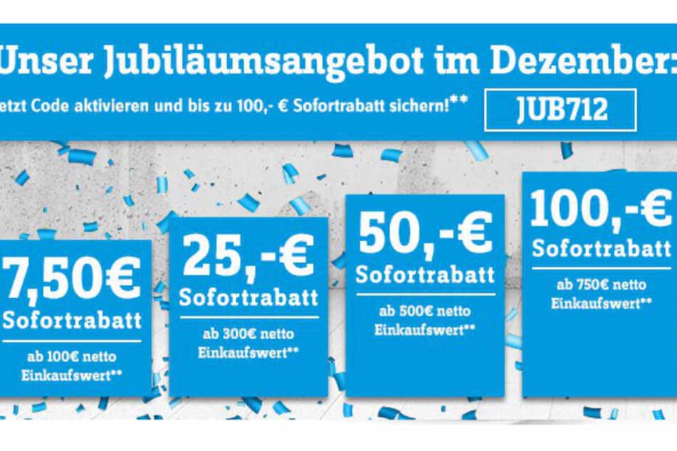 Mit dem Code "JUB712" erhaltet Ihr je nach Einkaufswert bis zu 100 Euro Sofortrabatt!