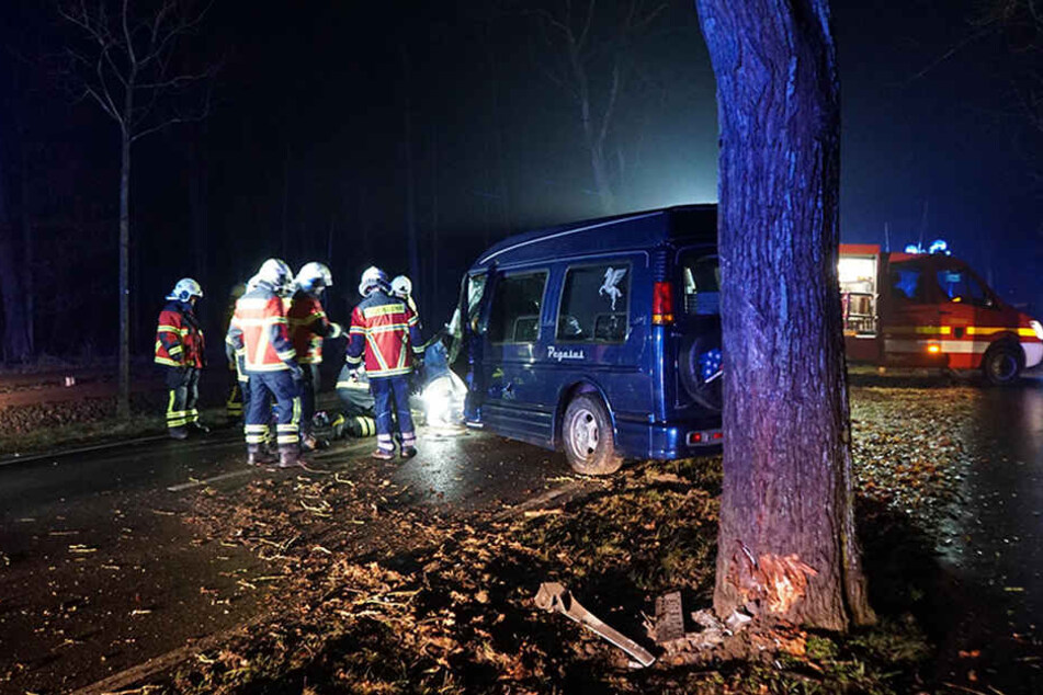 Der Van krachte gegen einem am Straßenrand stehenden Baum.