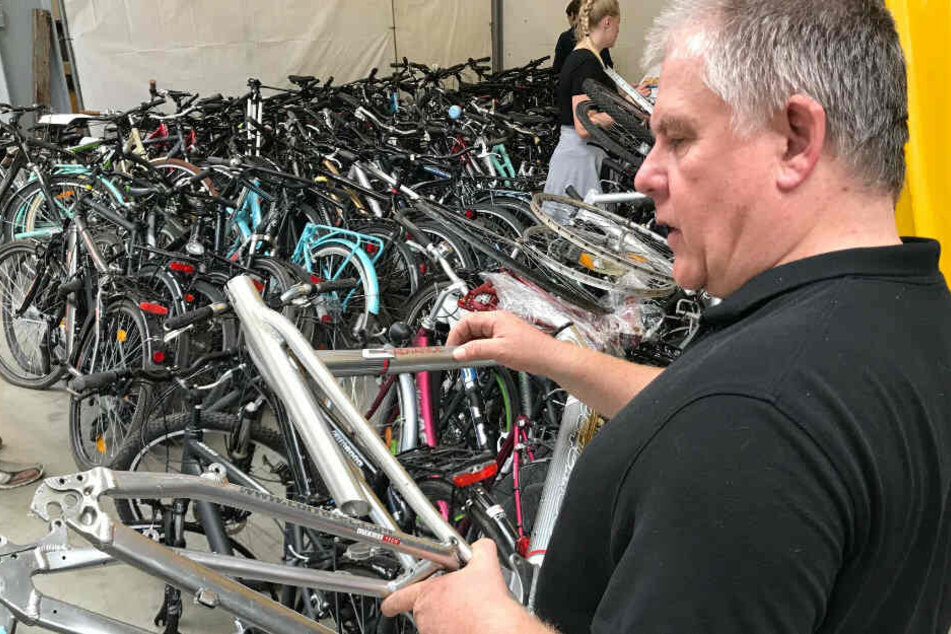 Ermittler der EG Bike überprüfen die Rahmennummern der sichergestellten Fahrräder.