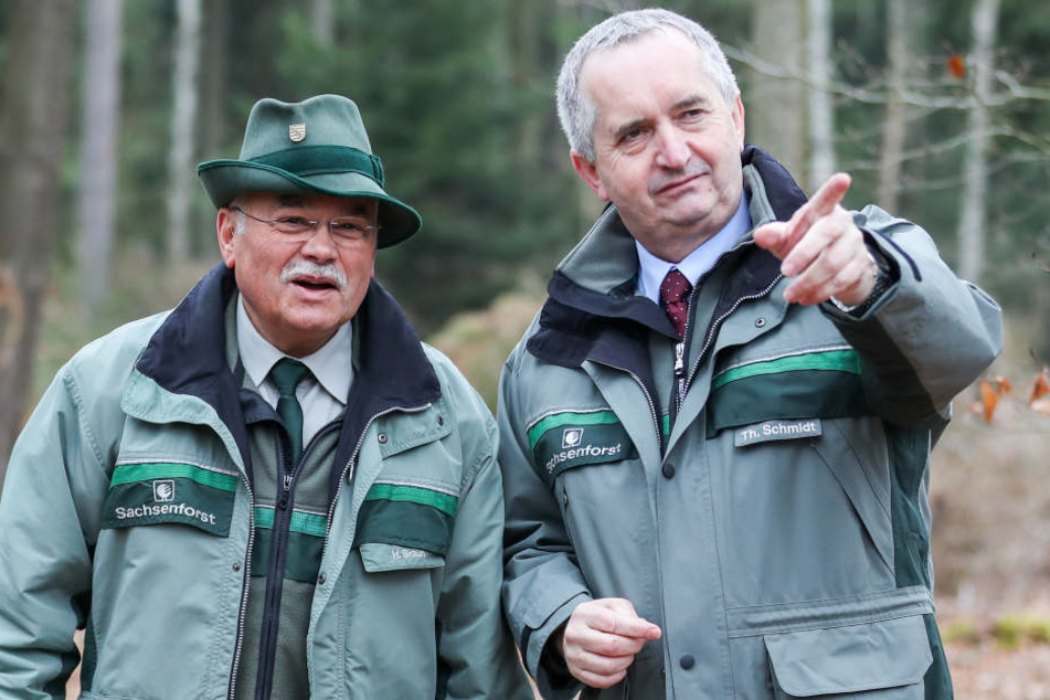 Sachsens Umweltminister Thomas Schmidt (56, CDU, re,) macht sich vor Ort ein Bild von den. Sturmschäden.