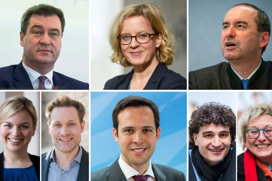 Die Spitzenkandidaten bei der Landtagswahl: Markus Söder (CSU; links oben nach rechts unten), Natascha Kohnen (SPD), Hubert Aiwanger (Freie Wähler), Katharina Schulze (Grüne), Lidwig Hartmann (Grüne), Martin Hagen (FDP), Ates Gürpinar (Linke) und Eva Bull