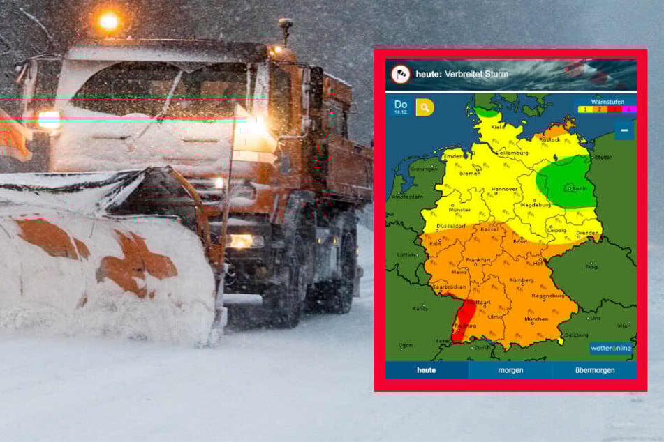 Lokal sind bis zu zehn Zentimeter Neuschnee möglich. Der Dienst wetteronline.de (Grafik) sagt Sturm voraus.