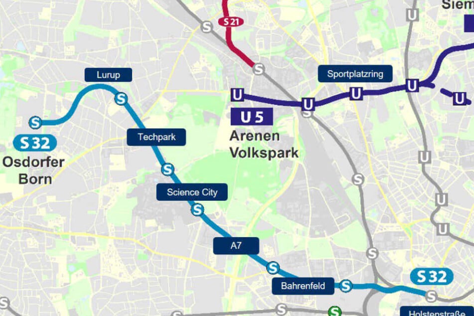 Die Karte zeigt den möglichen Verlauf der S32 in Hamburg.
