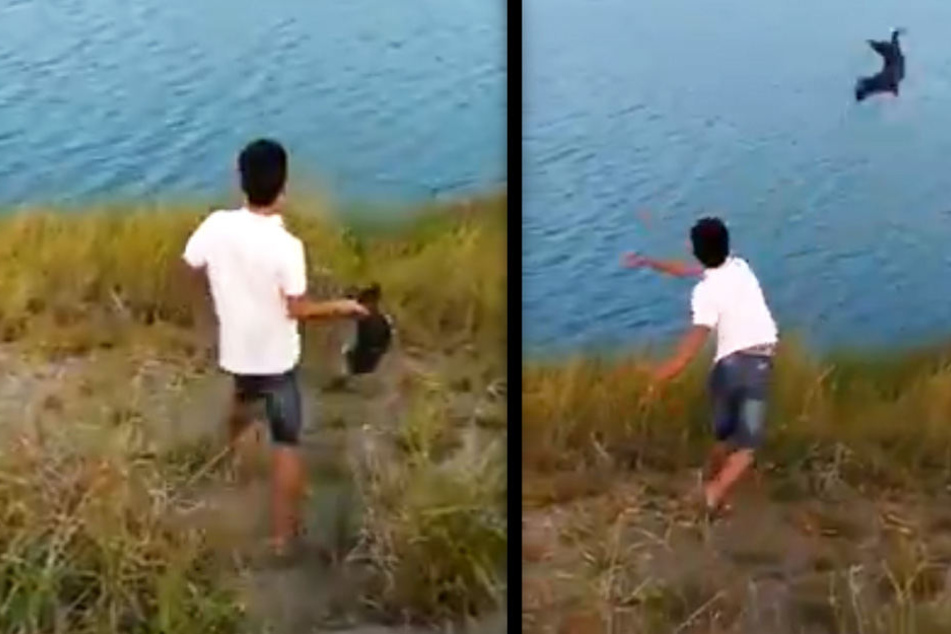 Mit voller Wucht wirft er den noch lebenden Hund ins Wasser.