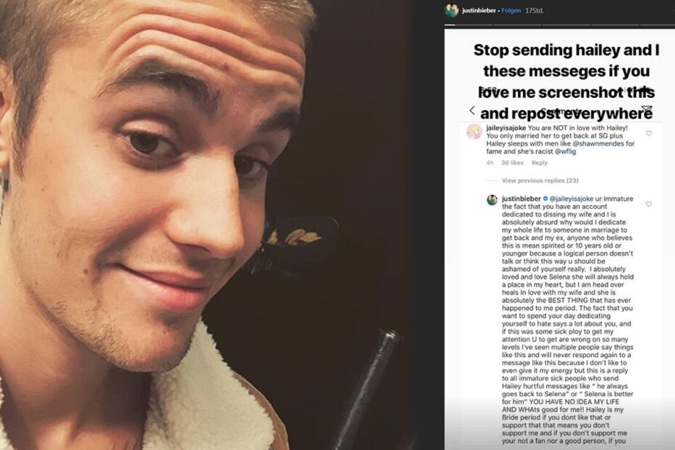 Justin Bieber postete jetzt in seiner Instagram-Story eine Antwort auf einen bösen Kommentar zu seiner Frau Hailey.