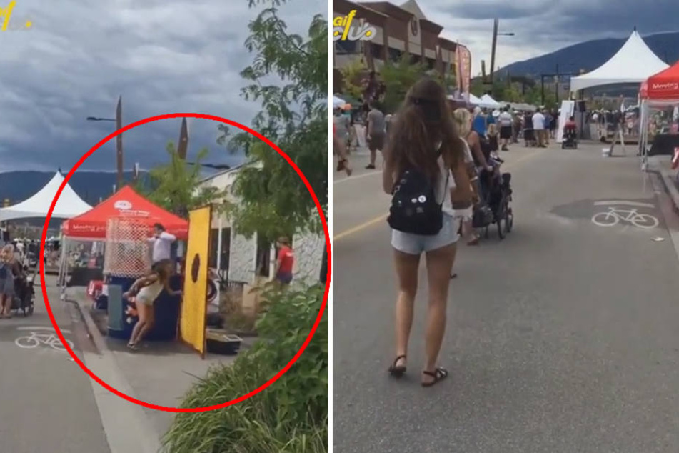 Das Mädchen spielt dem Schausteller einen Streich.