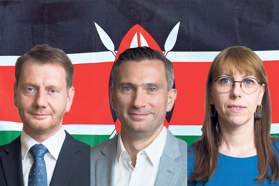 Die Spitzenkandidaten vor der Flagge Kenias: MP Kretschmer (44, CDU), Martin Dulig (45, SPD) und Katja Meier (39, Grüne)