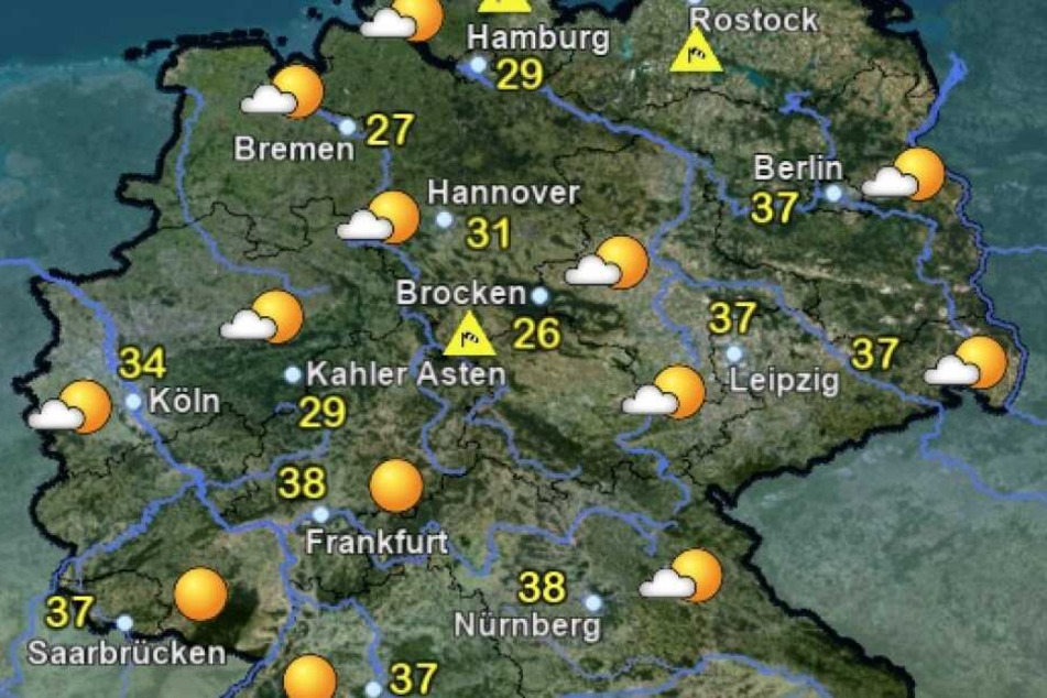 Die Wetterprognose des Deutschen Wetterdienstes mit den Höchsttemperaturen für Mittwoch.