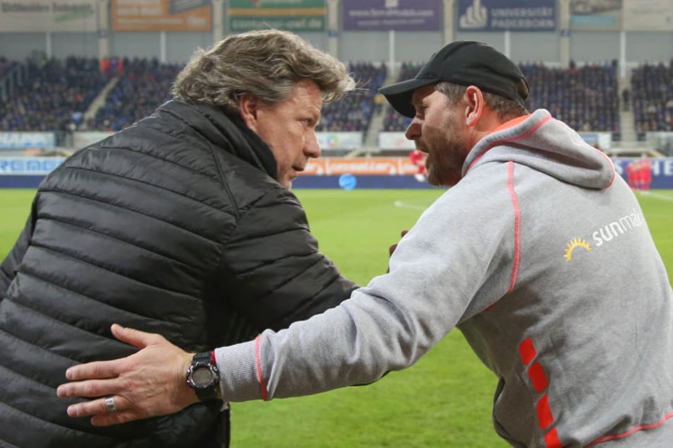 Vor dem Spiel begrüßten sich der DSC-Trainer Jeff Saibene (l.) und der SCP-Coach Steffen Baumgart sehr freundlich.