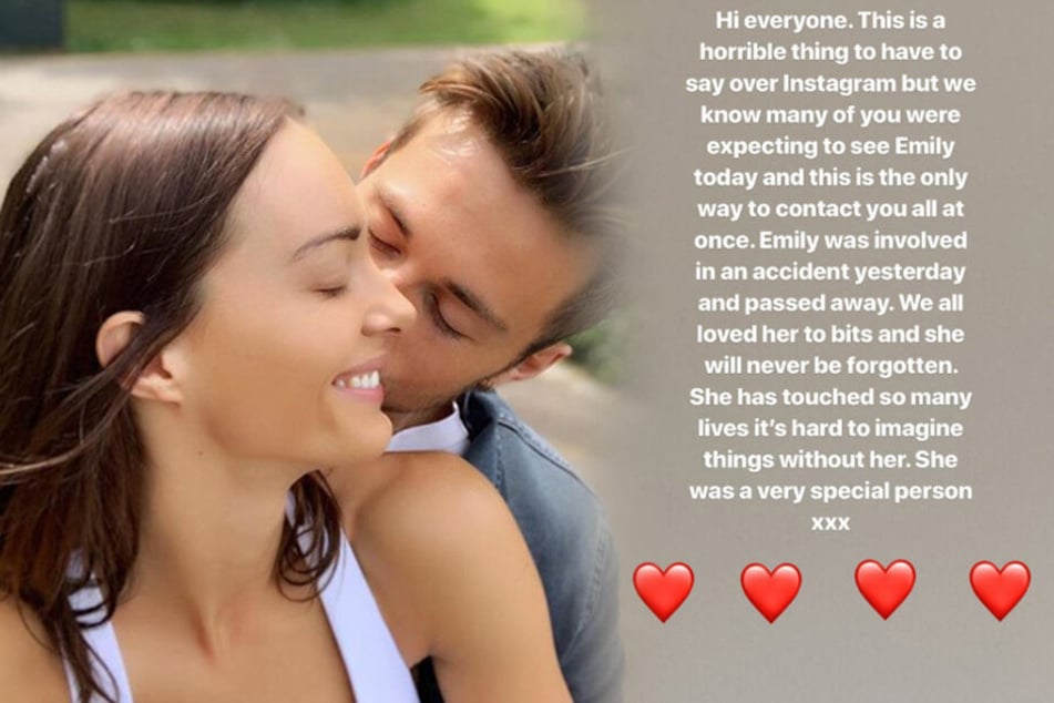 Emily Hartridge (†35) und ihr Freund. Mit dem Post (rechts) auf Instagram verkündete ihre Familie den tragischen Unfalltod des YouTube-Stars.