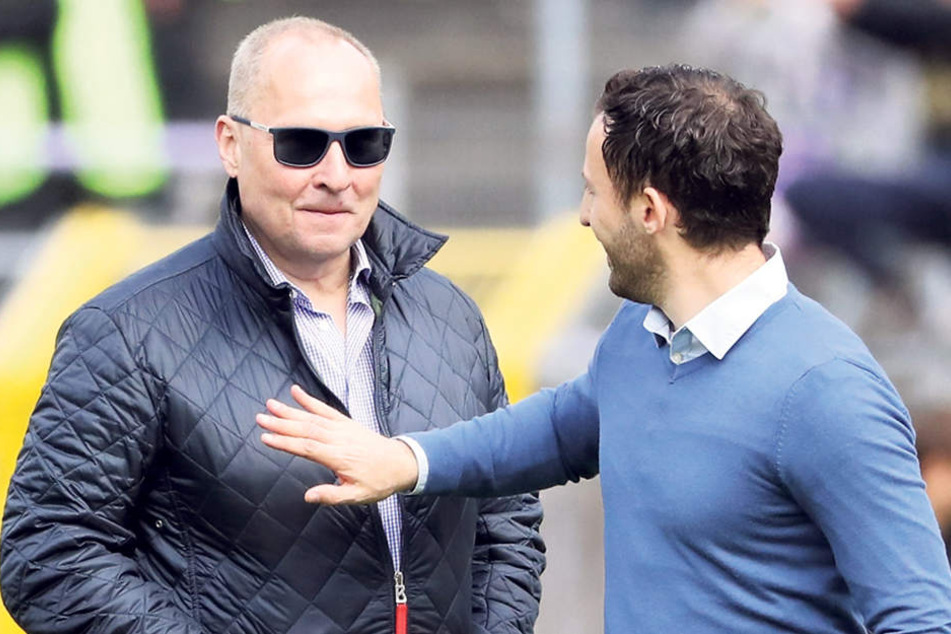 Keine Kampfreden! FCE-Bosss Helge Leonhardt (l., mit Coach DomenicoTedesco) ist sicher, dass seine Kicker wissen, was heute aufdem Spiel steht.