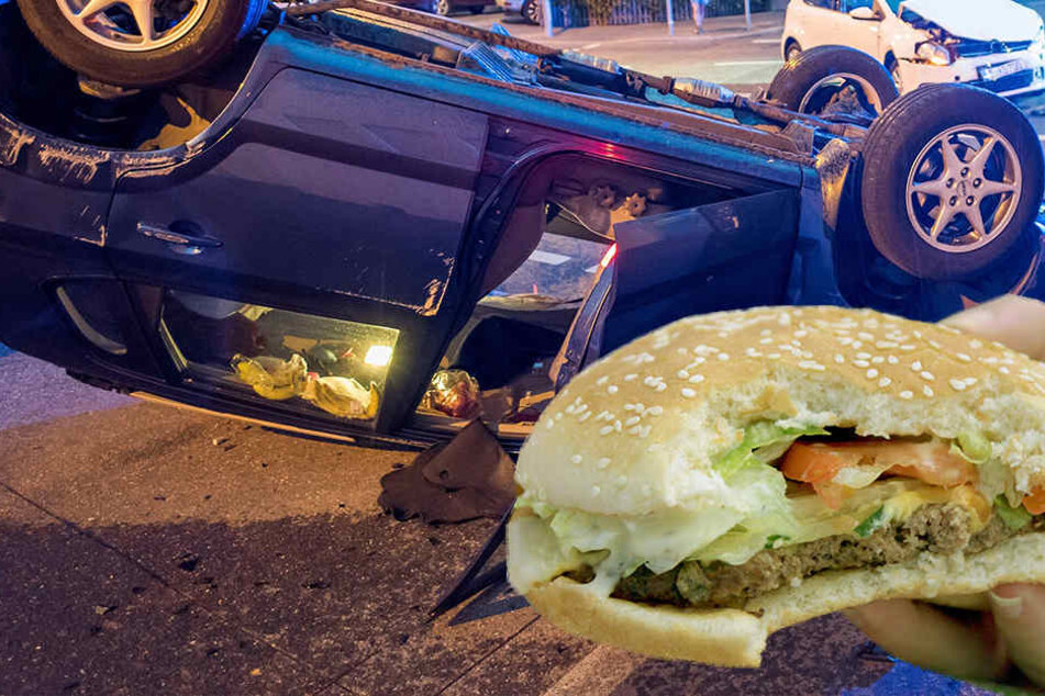 Beim Bücken nach dem Fastfood verriss ein Fahrer das Lenkrad.