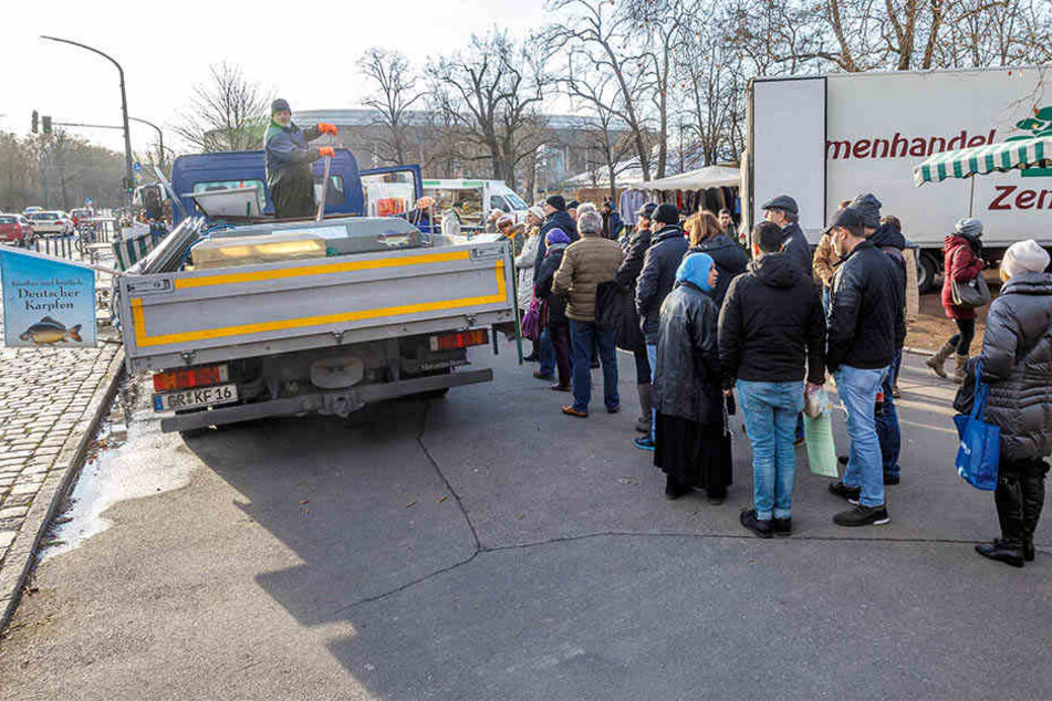 Auf dem Wochenmarkt an der Lingnerallee standen gestern viele Leute für die begehrten Karpfen an.