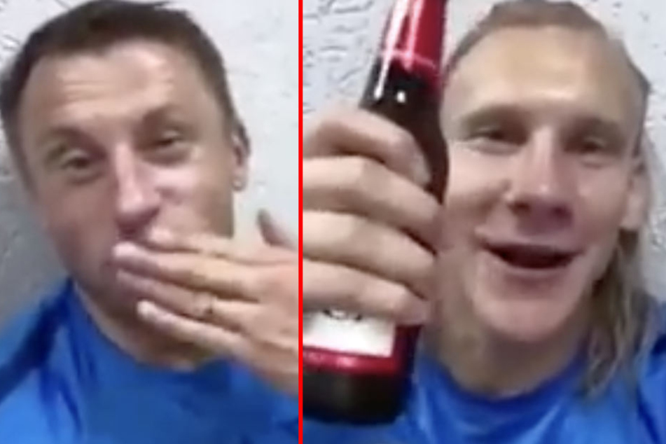Vida hält ein Bier des offiziellen Sponsors in der Hand. Neben ihm sitzt der ehemalige HSV- und Bayern-Spieler Olic und singt fröhlich mit.