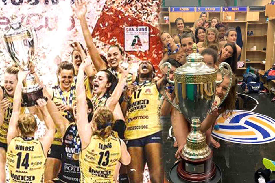 Riesige Freude bei Imoco Volley Conegliano. Gefeiert wurde hüllenlos.
