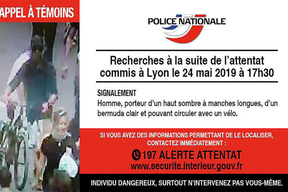 Die Polizei fahndet mit diesem Foto auf Twitter nach einem Verdächtigen im Zusammenhang mit einer Explosion in Lyon.