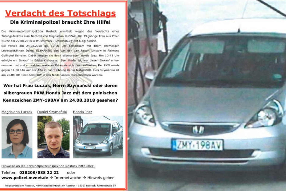 Mit diesem Fahndungsplakat bittet die Kripo Rostock um Hinweise auch zum Auto der Toten. (Bildmontage)