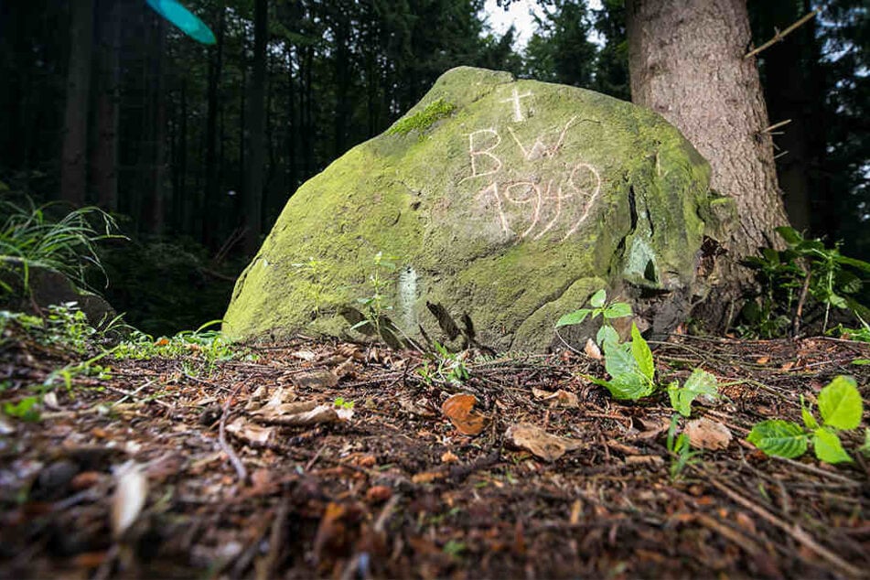 Verunglückte die Lehrerin an diesem Stein? Der bemooste Minifels steht direkt an einem steilen Waldweg, trägt eine mysteriöse Inschrift.