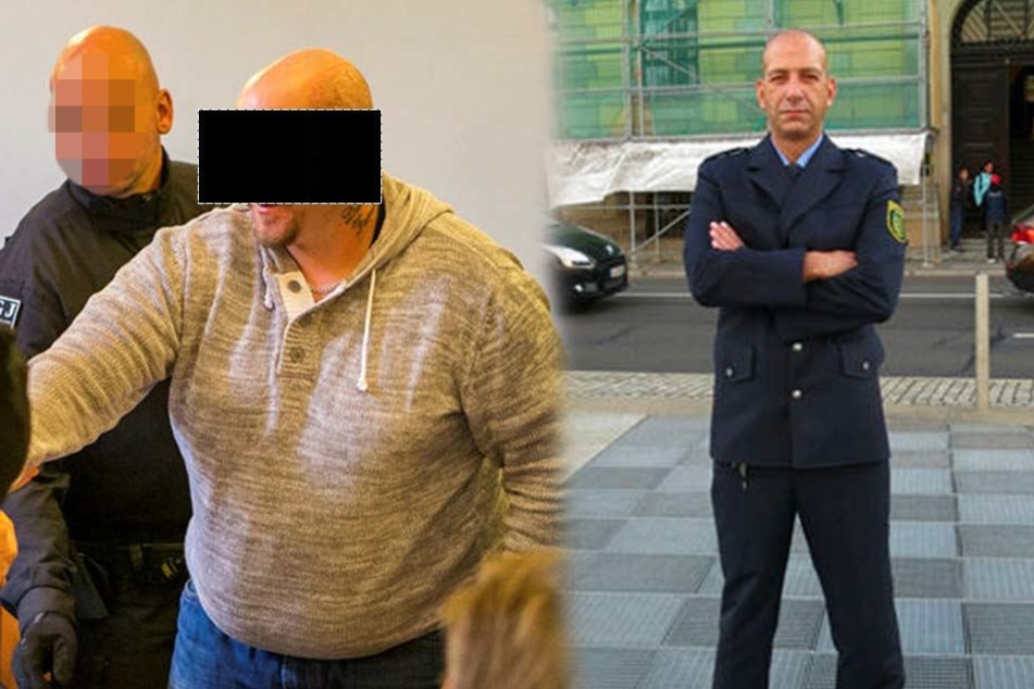 Der als Todesschütze angeklagte Hells Angel Stefan S. (31, l.) wurde am Dienstag bleich, als er erfuhr, dass Hauptkommissar Mike Jacob (43, r.) kurz davor war, dem Rocker in den Kopf zu schießen.
