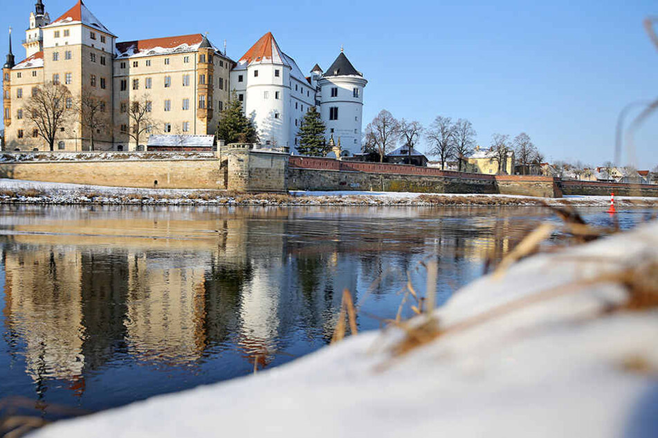 Blick auf Schloss Hartenfels in Torgau in Torgau. Es war neben der
Albrechtsburg in Meißen und dem Dresdener Schloss eines der drei sächsischen
Residenzschlösser
