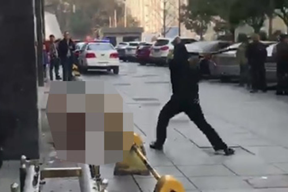 Immer wieder prügelte der Polizist auf den angeketteten Hund ein.