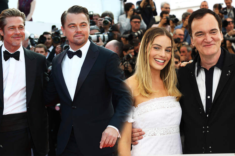 Stars, soweit das Auge reicht: Brad Pitt, Leonardo Di Caprio, Margot Robbie und Quentin Tarantino (von links nach rechts) bei der Weltpremiere auf dem Roten Teppich in Cannes. (Bildmontage)