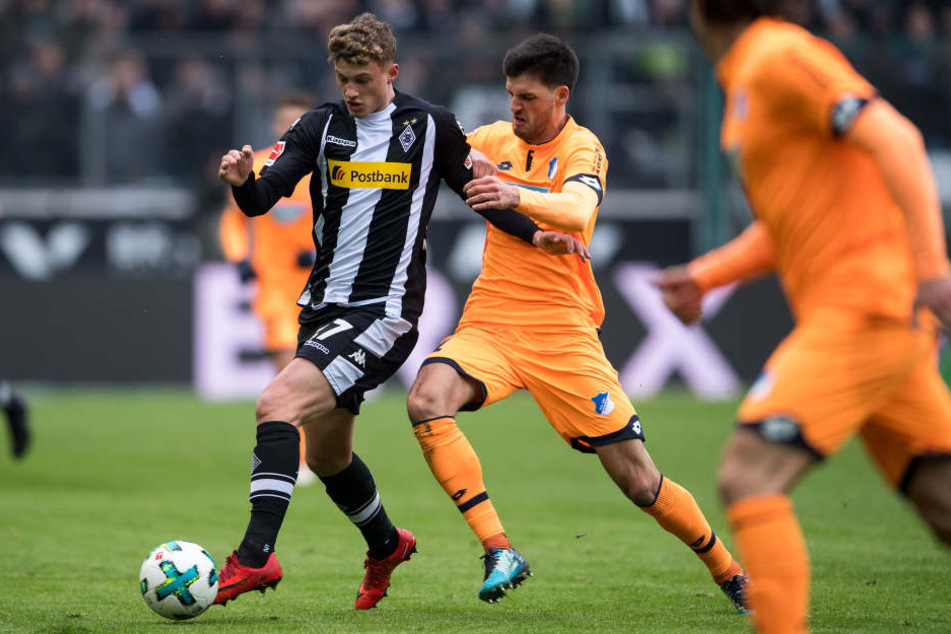 Gladbachs Mickael Cuisance (l) und Hoffenheims Florian Grillitsch kämpfen um den Ball.