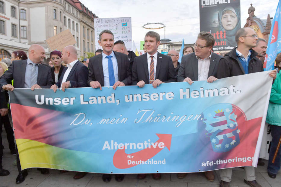 Der AfD-Landesvorsitzende Björn Höcke (4.v.r.) und Sachsen-Anhalts AfD-Chef Andre Poggenburg (3.v.r.) liefen bei der Demo mit