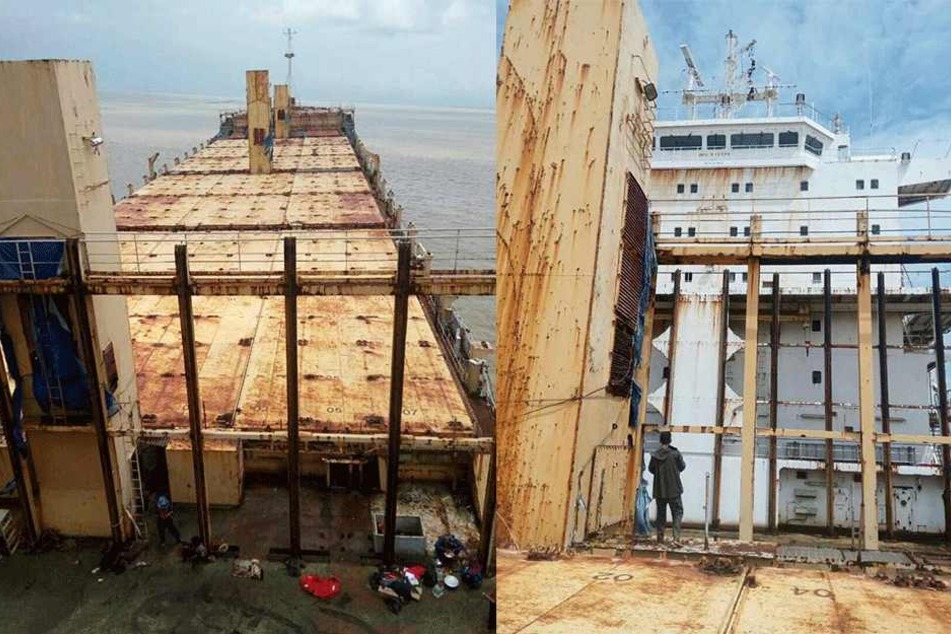 Das verrostete Schiff wird inspiziert.