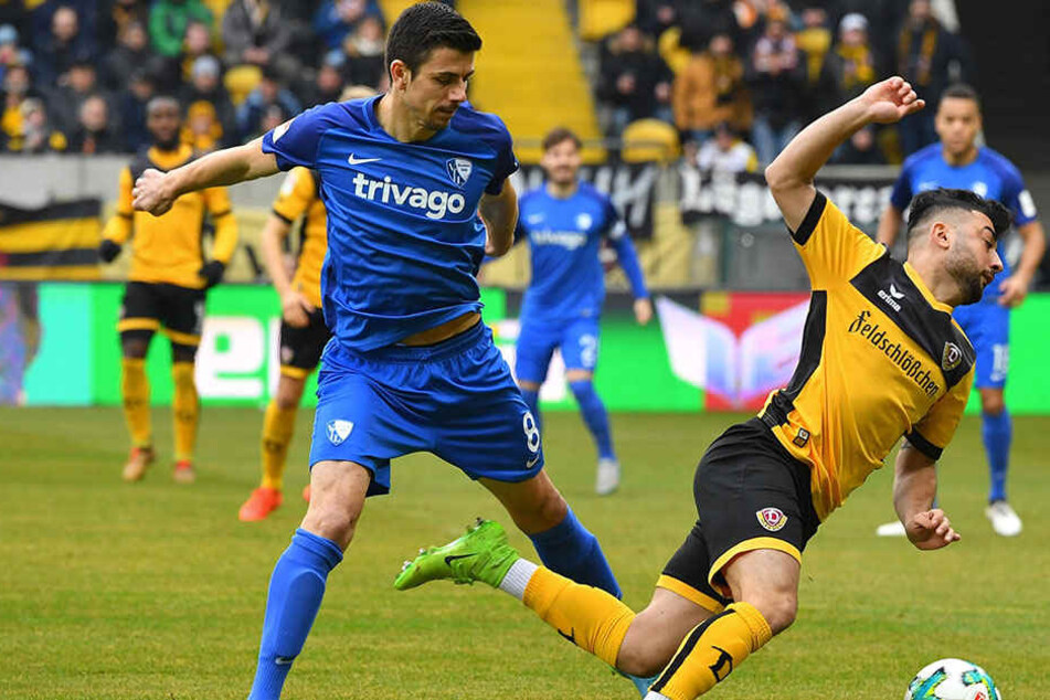 "Er ist mir auf den Fuß getreten", sagte Bochums Ex-Dynamo Anthony Losilla (l.) zur Elfmeter-Szene. "Es gab einen Kontakt", meinte Aias Aosman. Da haben wohl beide recht...