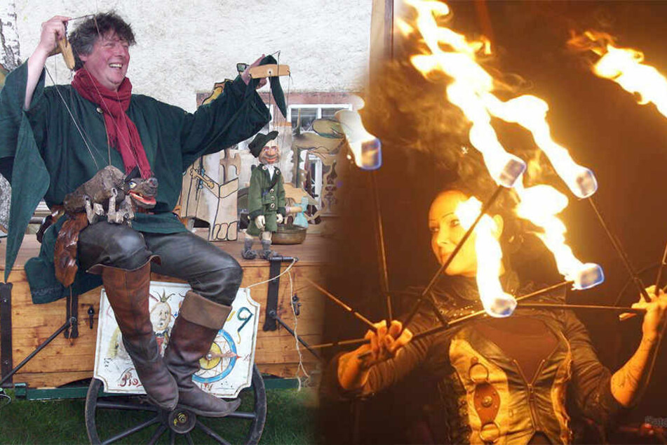 Puppenspieler Christopher vom Allaunberg entführt kleine Ritter und Prinzessinnen mit seinen Geschichten in die Zeit des Mittelalters. Am Abend gibt es Feuershows.