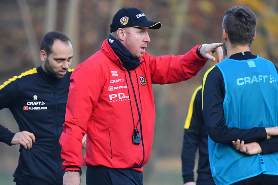 Dynamo-Coach Maik Walpurgis (M.) muss in der Länderspielpause in den Trainingseinheiten versuchen, seine Spieler vor allem mental wieder in die Spur zu bringen.