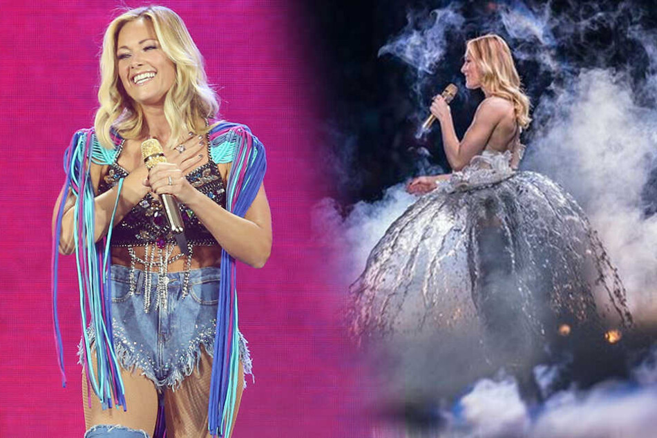 Krasser Outfit-Unterschied: rechts Helene Fischer 2017 im Wasserfall-Kleid, links 2018...