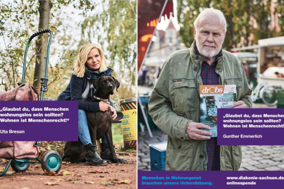 Zeigen Herz für Obdachlose: Uta Bresan (54) und Gunther Emmerlich (75) unterstützen die Spenden-Kampagne der Diakonie Sachsen.