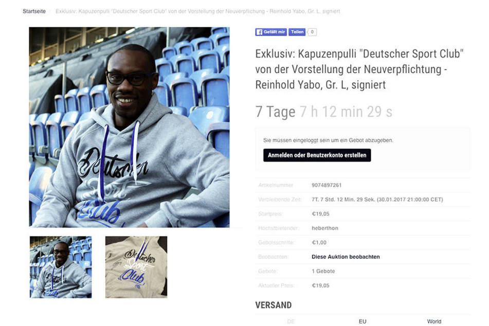 Auf sport-auktion.de versteigert Arminia Bielefeld den Hoodie von Yabo. Noch steht das Gebot bei 19,05 Euro.