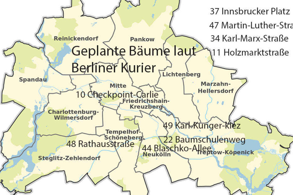 Hier sind die bereits geplanten Bäume in Berlin zu sehen. Bisher wurden im Rahmen früherer Baumkampagnen ca. 7000 Straßenbäume gepflanzt und 740.000 Euro Spenden eingenommen. (Quelle: Stadtentwicklung Berlin)