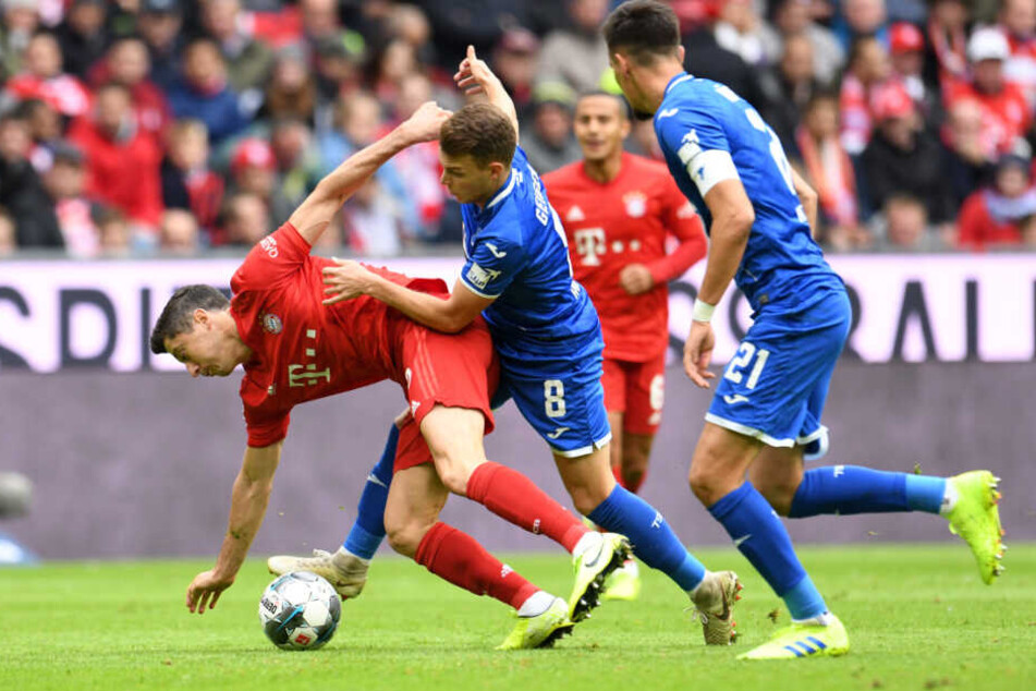 Robert Lewandowski (l.Matthias Balk_dpa) von Bayern wird im Zweikampf mit Dennis Geiger von Hoffenheim zu Fall gebracht.