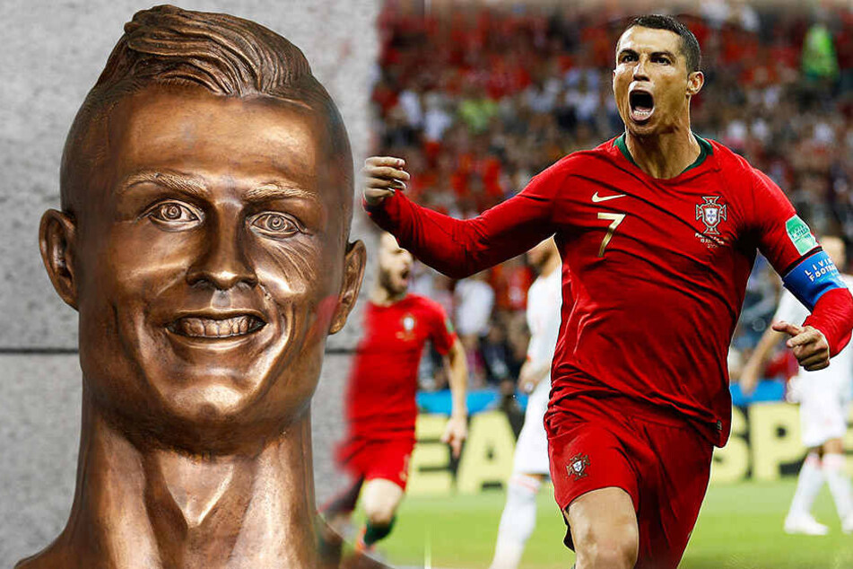 Die zweifellos hässliche Büste (l.) von Cristiano Ronaldo (r.) am Flughafen auf Madeira wurde ausgetauscht.