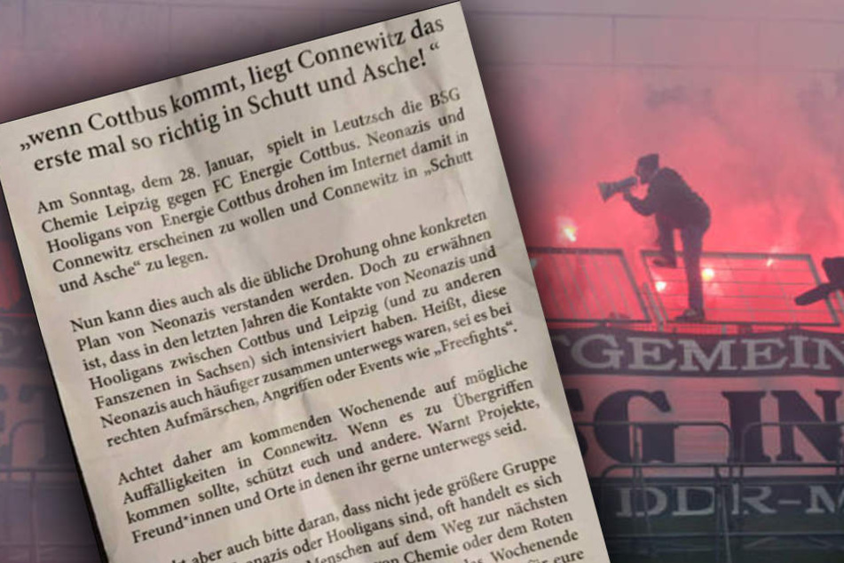 "Neonazis und Hooligans von Energie Cottbus drohen im Internet damit in Connewitz erscheinen zu wollen und Connewitz in 'Schutt und Asche' zu legen", heißt es auf dem Antifa-Flyer.